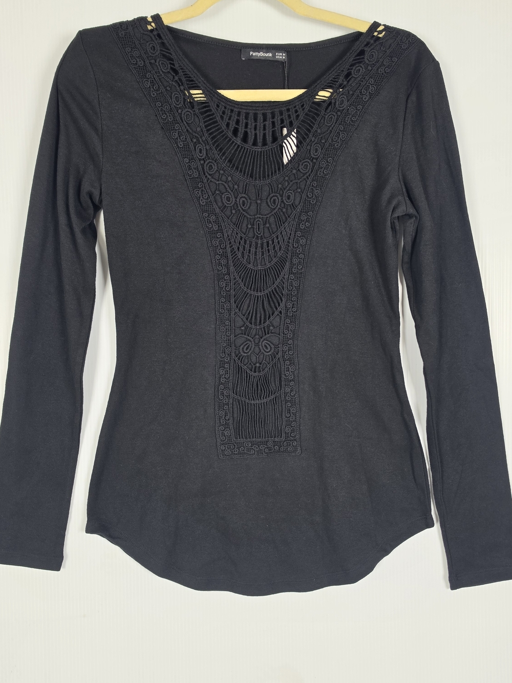 PattyBoutik Black Long-Sleeve Crochet Yoke Top